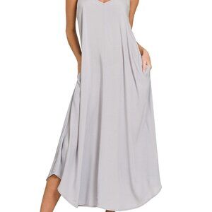 Zenana Grey Woven Rayon Cool Fabric Arc Hem Cami Midaxie Flowy Pockets Dress